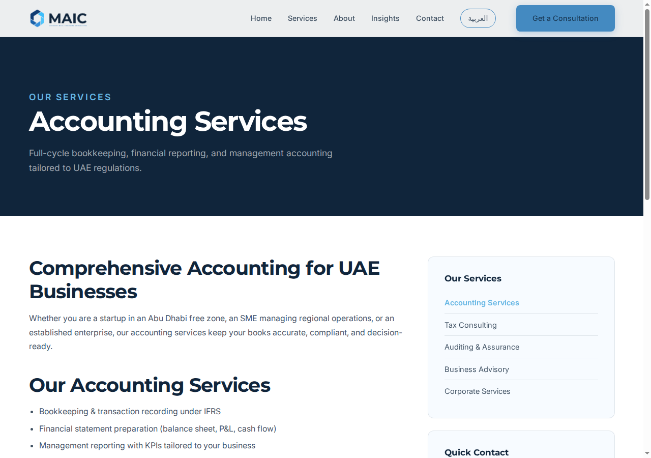 MAIC UAE website homepage, bilingual English/Arabic site built and hosted by THERARE MARKETING