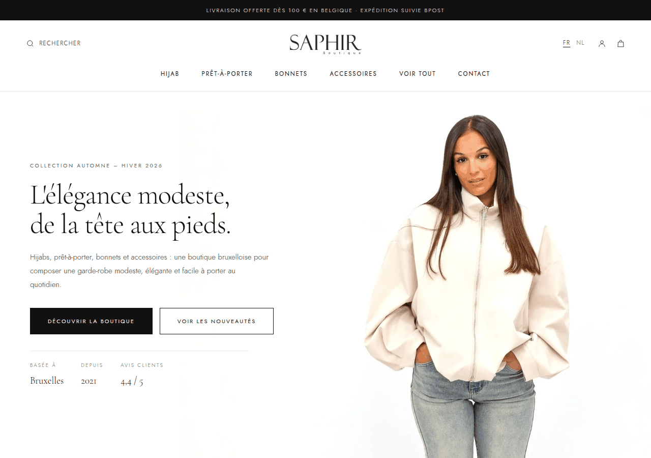 Saphir Boutique homepage, a French and Dutch modest fashion Shopify store in Brussels redesigned by THERARE-MARKETING